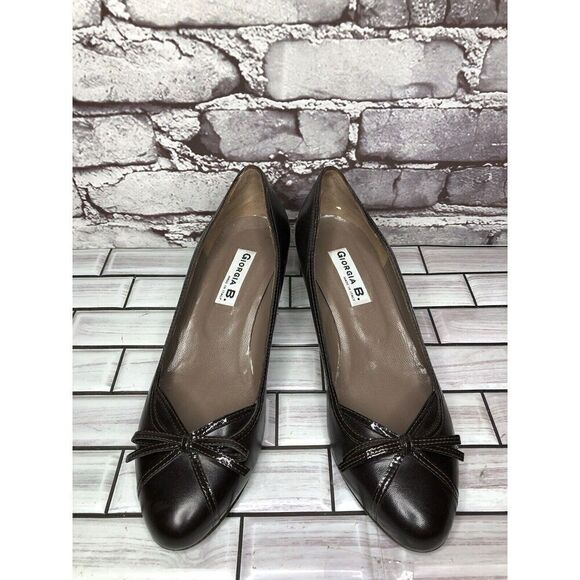 GIORGIA B. Brown Leather Patent Bow Designer Pumps Heels Women’s Sz 38EU/7.5M US - Picture 4 of 16